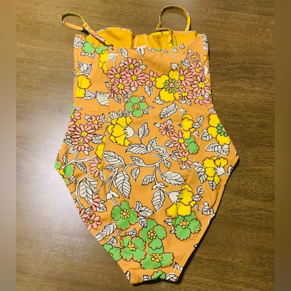 New Tory Burch Printed Underwire One Piece Swimsuit Brown Floral Wallpaper M - Picture 5 of 6